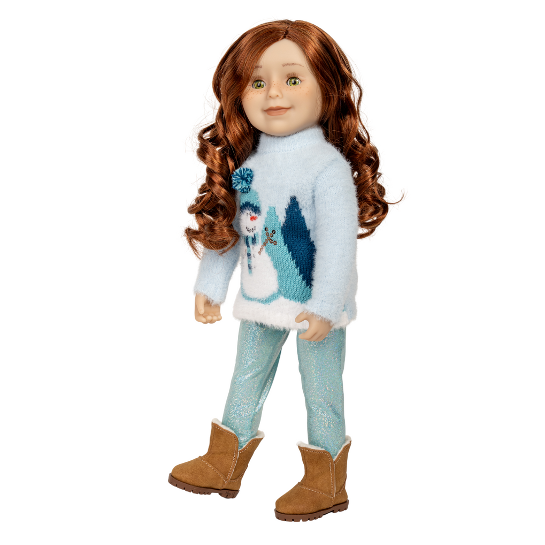 18-inch doll sweater and sparkly leggings set with snowman design on the front for 18-inch dolls, including American dolls