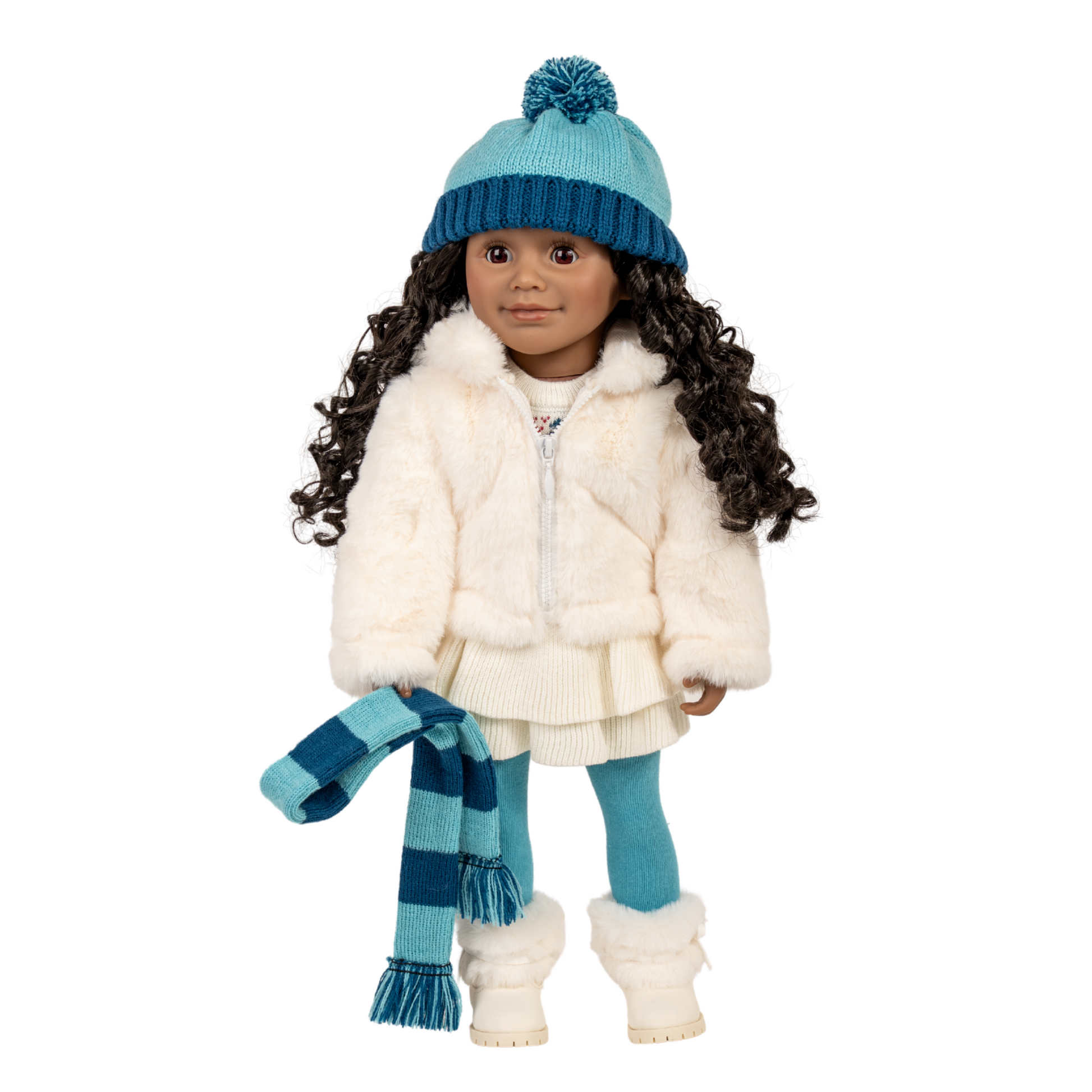 18-inch doll wearing a white coat, blue hat, and scarf.