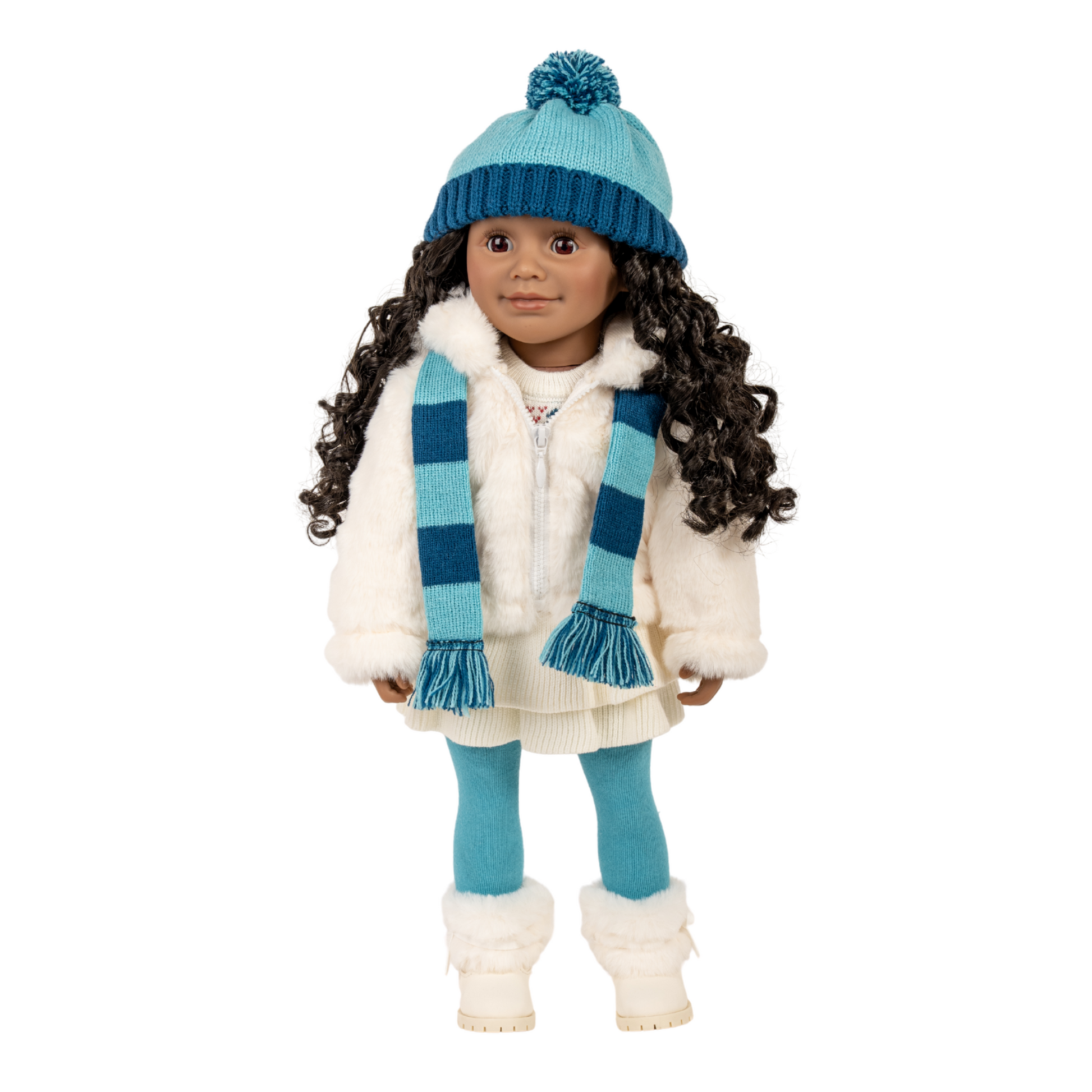 18-inch doll wearing a winter outfit with a blue hat, scarf, and leggings.