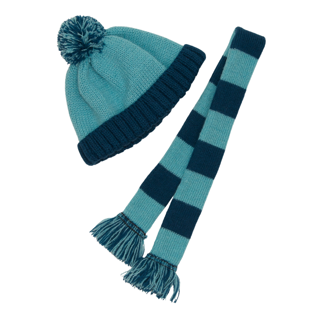 Teal and navy beanie with pom-pom and matching scarf for 18-inch dolls.