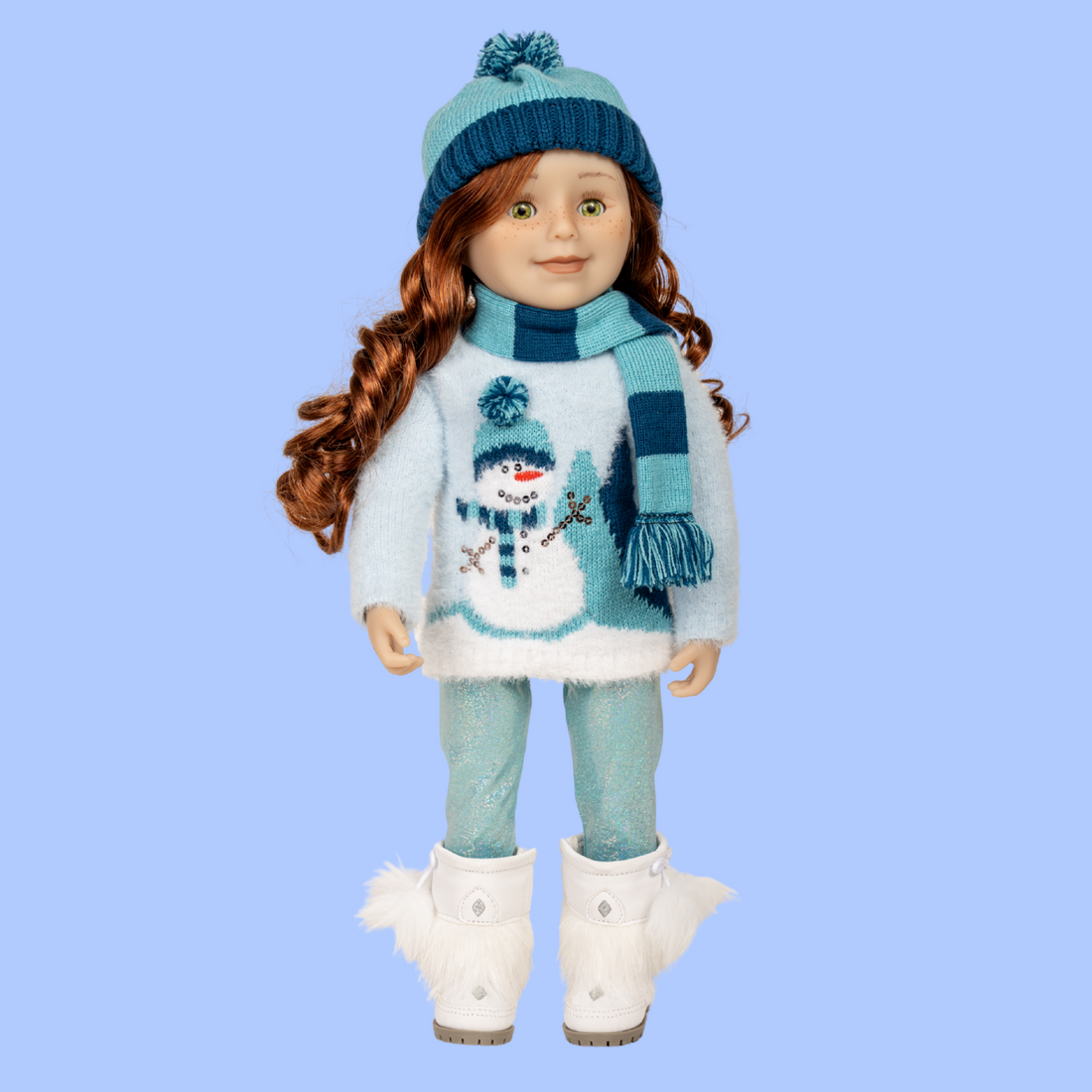 Teal and navy beanie with pom-pom and matching scarf for 18-inch dolls.