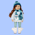 18-inch doll wearing a winter outfit with a snowman sweater, blue hat, and scarf.