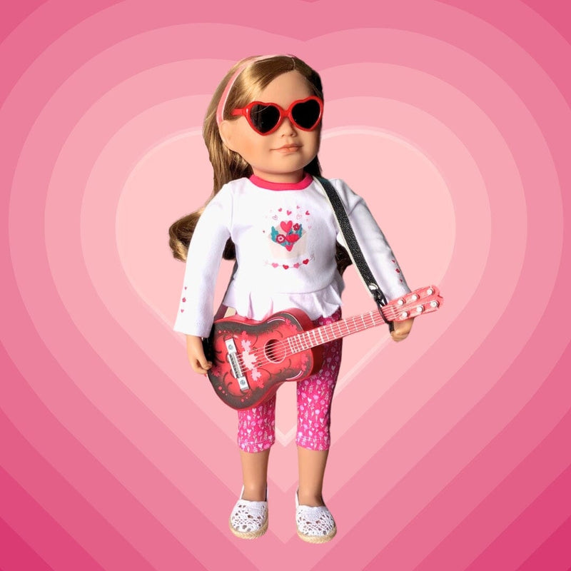 Maplelea wooden guitar for 18 inch dolls come with guitar strap, soft carrying bag and music book.