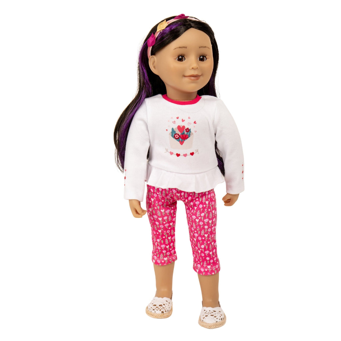 Maplelea doll outfit with white peplum top pink print capris and hairband with hearts for 18" dolls