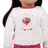 Graphic letter heart and flower details on long-sleeved peblum top shown on 18" Maplelea doll