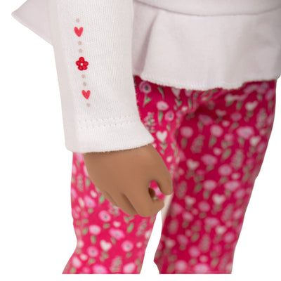 Sweet Valentine's Day peblum top heart and flower sleeve details with pink leggings on 18" doll