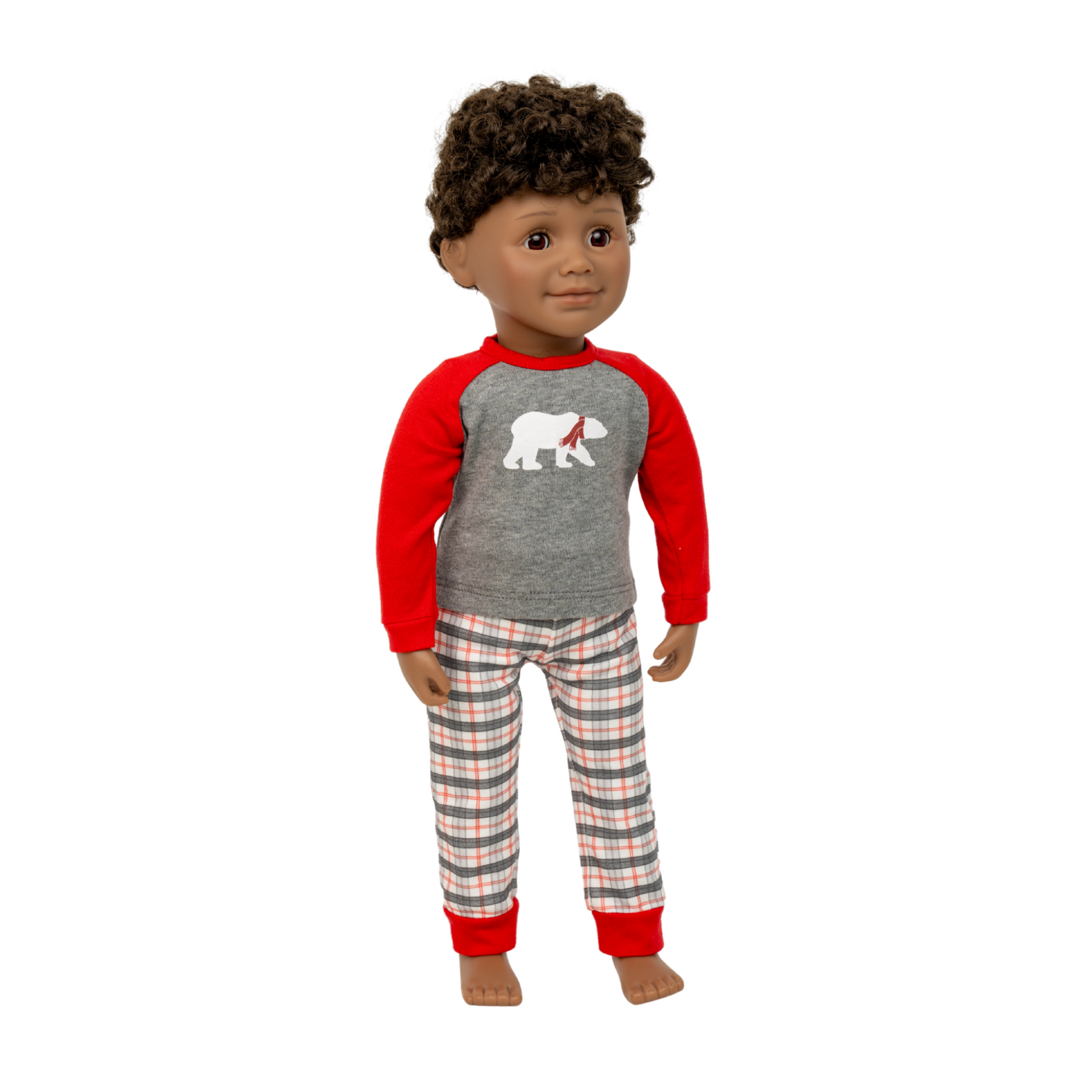 18-inch doll wearing a red and gray plaid pajama set with a polar bear design.