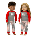 Two dolls wearing matching red and grey plaid polar bear pajamas.