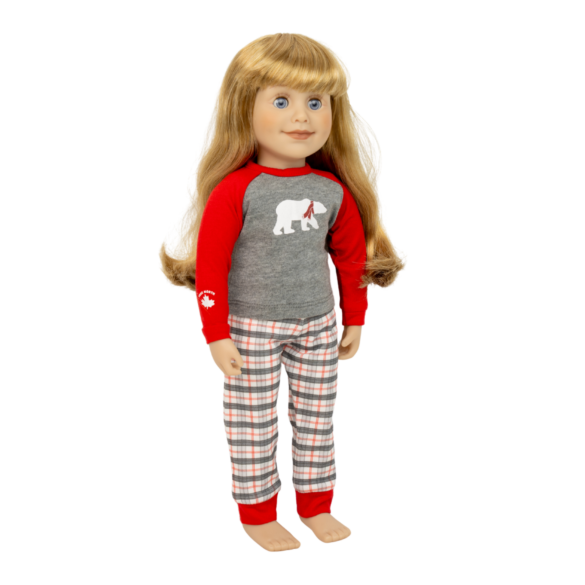 18-inch doll wearing a red and gray plaid pajama set with a polar bear design.