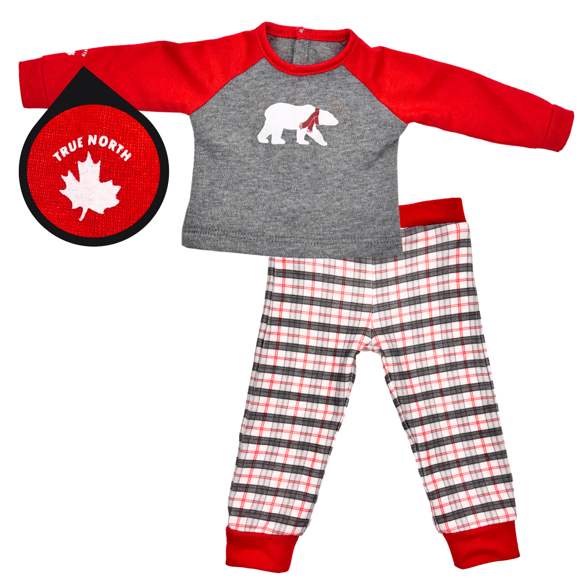 18-inch doll pajamas with red and grey shirt and plaid pants.