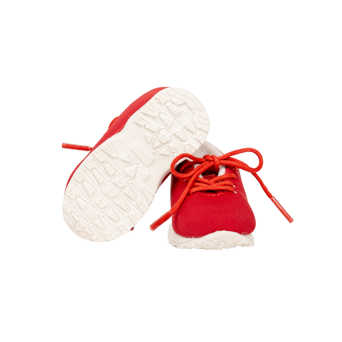 Red sneakers with white soles for 18-inch dolls.