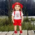 18-inch doll wearing a red and white outfit with red runners standing outside.