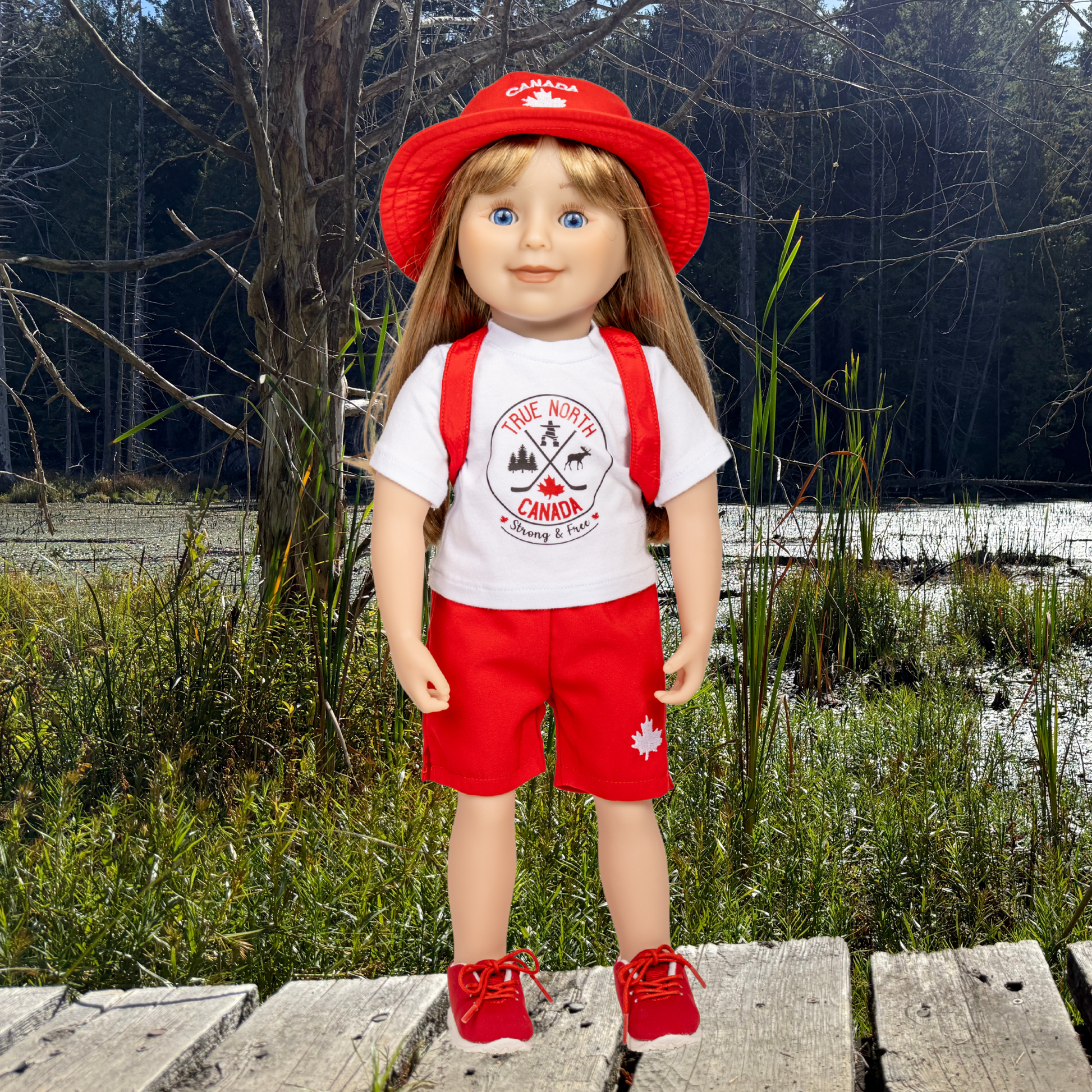18-inch doll wearing a red and white outfit with red runners standing outside.