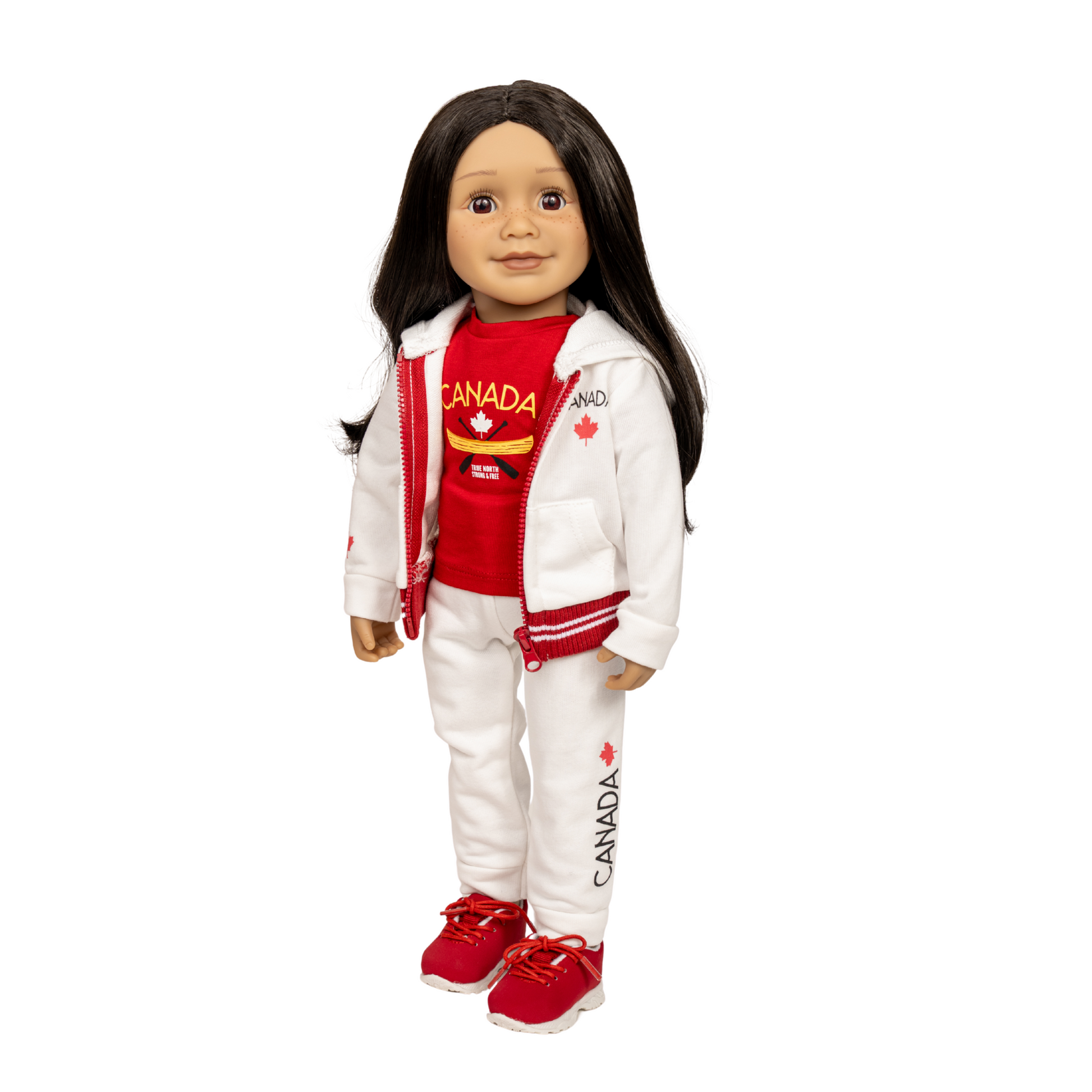 18-inch doll wearing a red and white Canada-themed outfit with red runners.