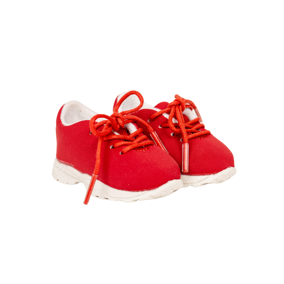 Red sneakers with white soles for 18-inch dolls.
