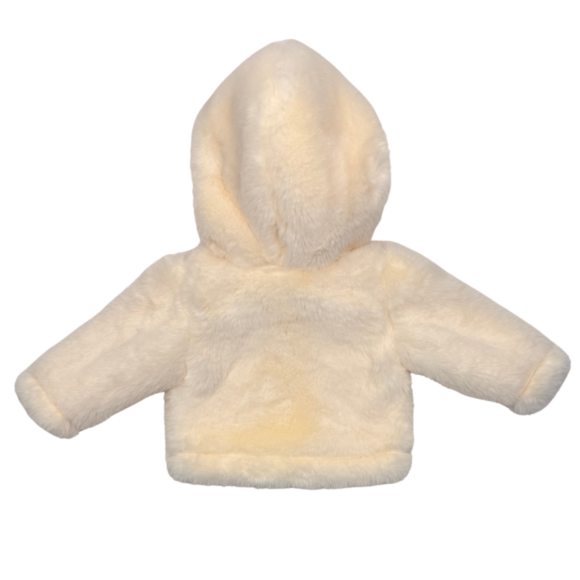 Cream fluffy hooded jacket for 18-inch dolls.