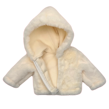 Cream fluffy hooded jacket for 18-inch dolls.