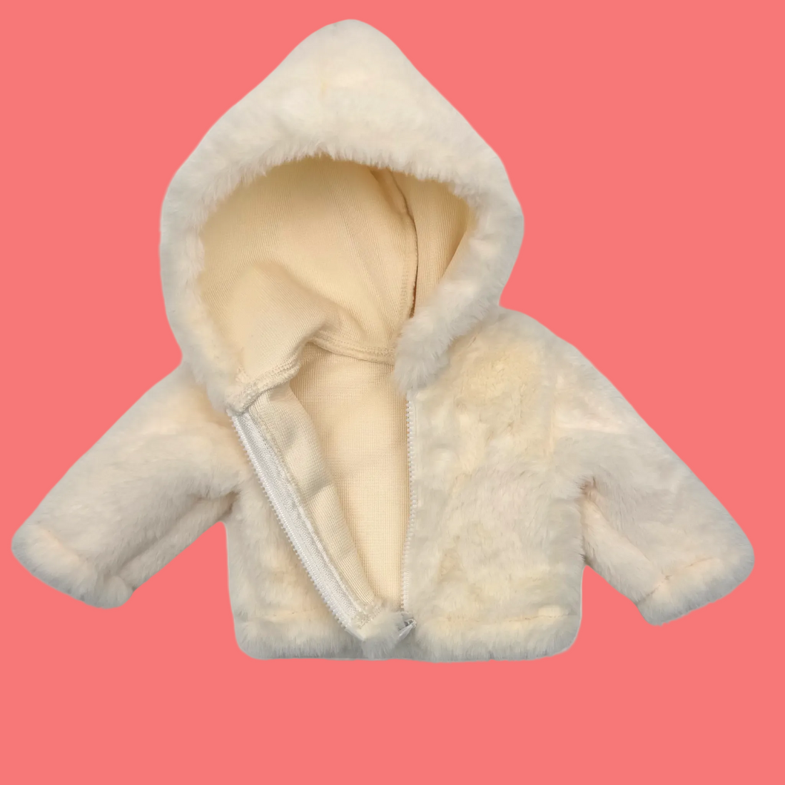 Cream fluffy hooded jacket for 18-inch dolls.