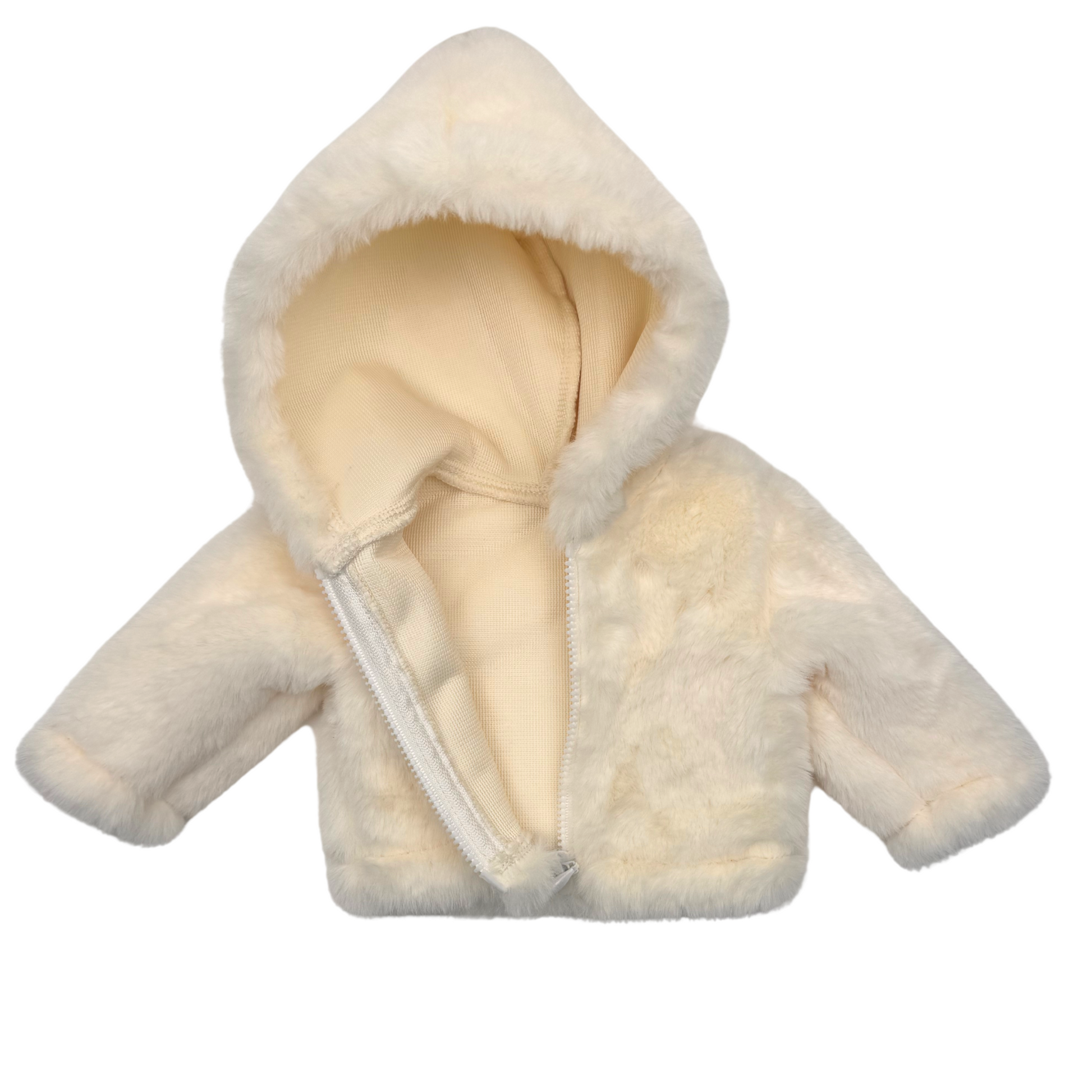 Cream fluffy hooded jacket for 18-inch dolls.