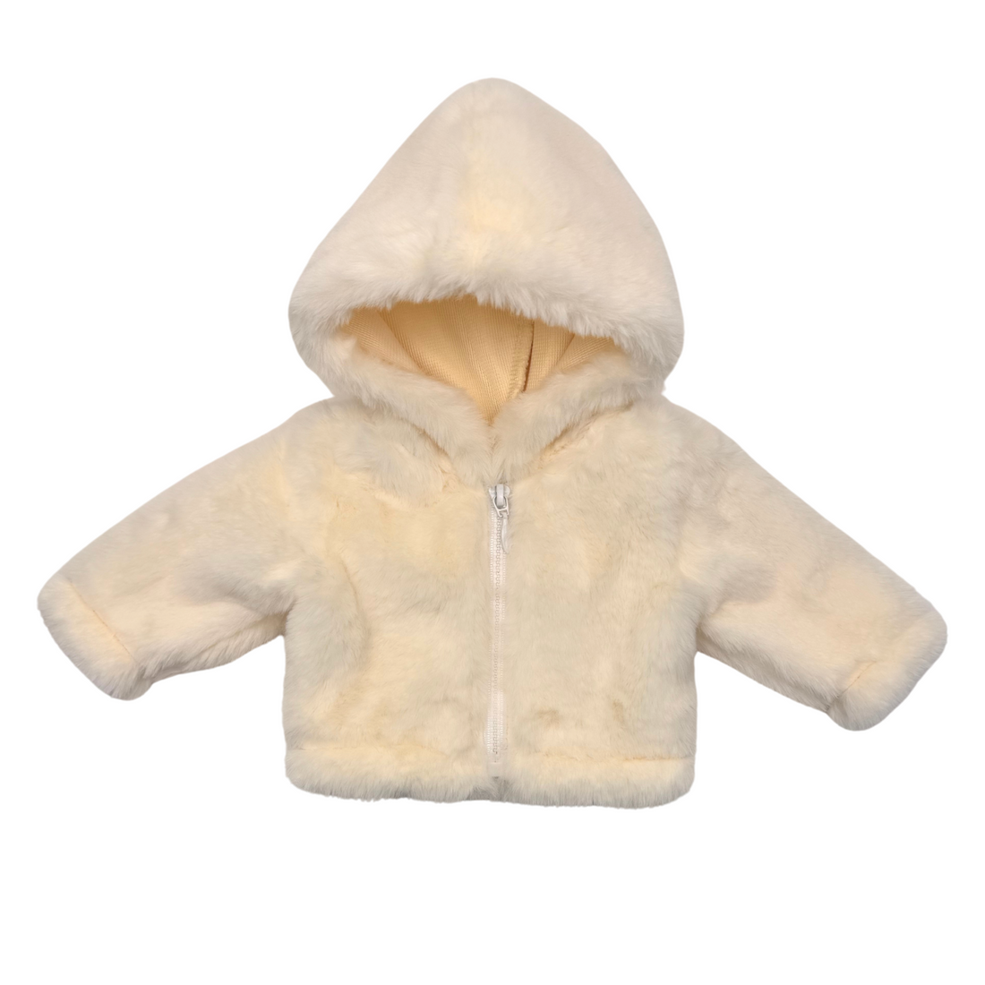 18-inch Maplelea doll wearing a soft white coat, patterned moose t-shirt dress , and teal tights.