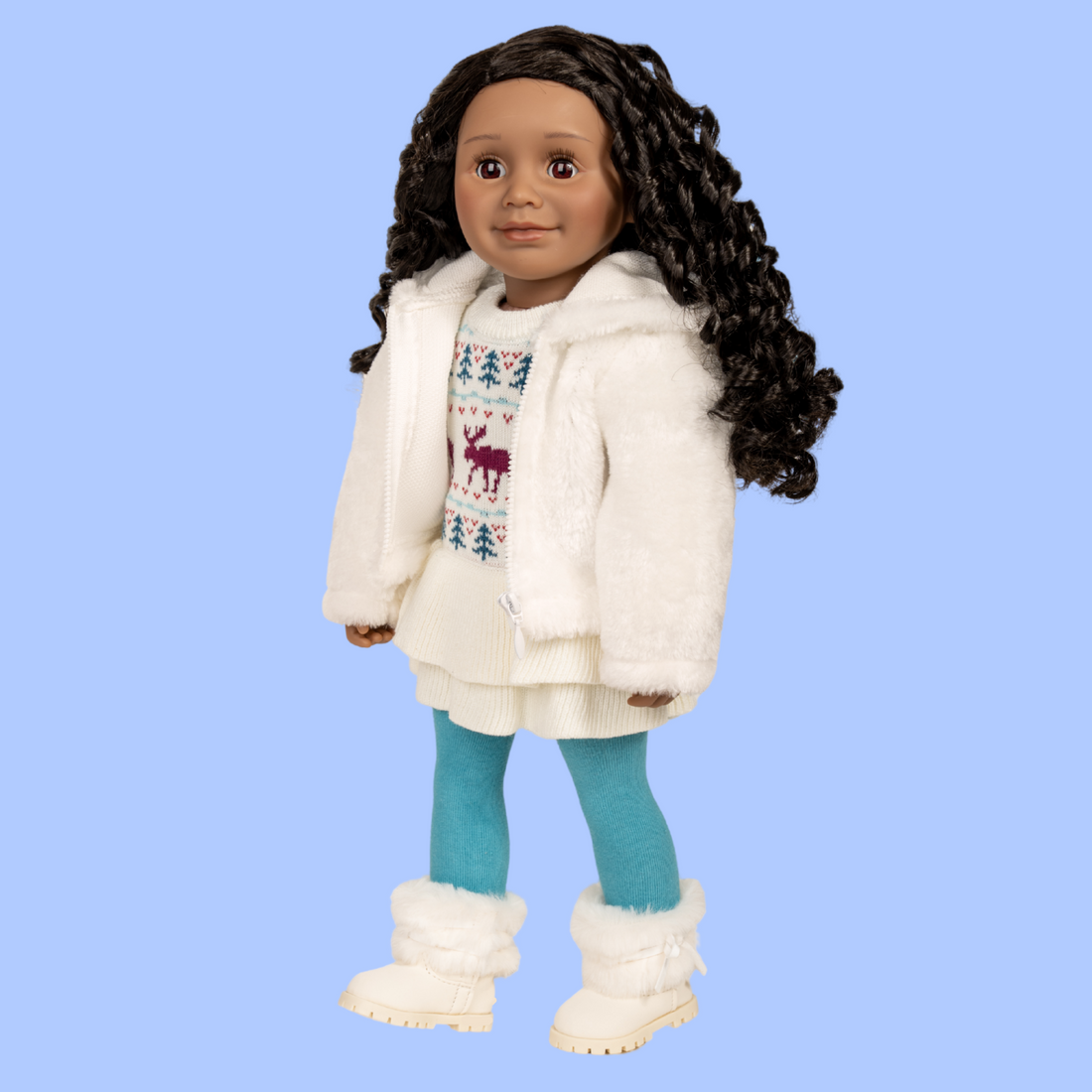 18-inch Maplelea doll wearing a soft white coat, patterned moose t-shirt dress , and teal tights.