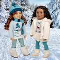 Two 18-inch Maplelea dolls in winter jackets hats, mitts, and boots standing in a snowy landscape.