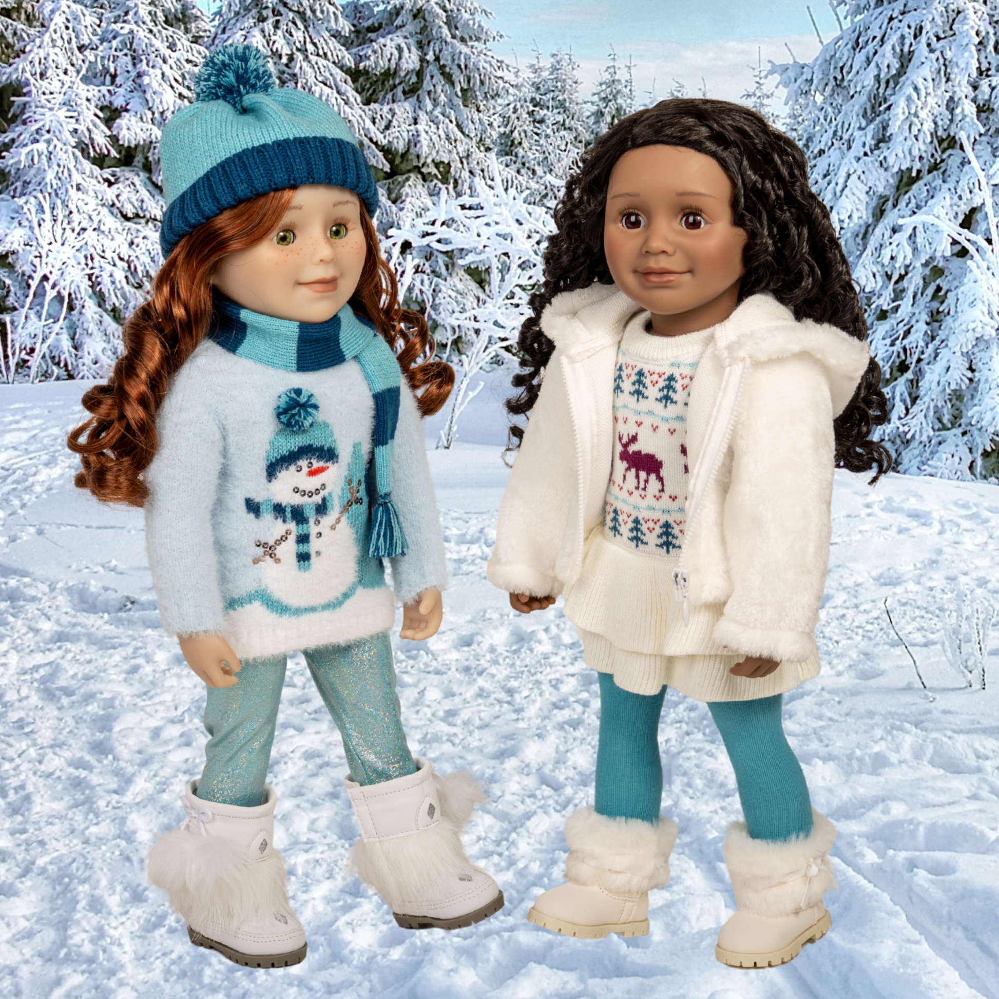 Two 18-inch Maplelea dolls in winter jackets hats, mitts, and boots standing in a snowy landscape.