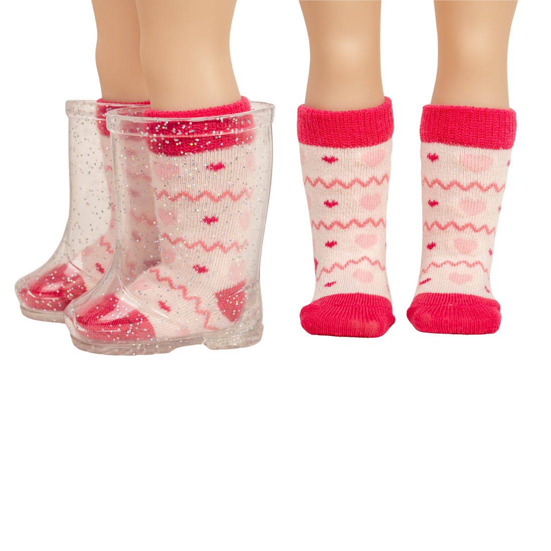 Set of colourful 18-inch doll socks with various patterns and colours.