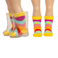 18-inch doll socks with yellow pink and teal stripes with sun designs.
