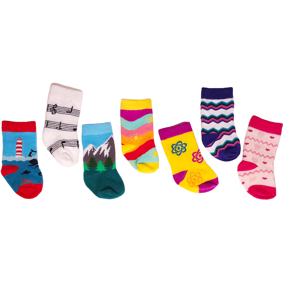 Set of colourful 18-inch doll socks with various patterns and colours.