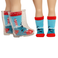 18-inch blue and red doll socks with whales and lighthouses on them.