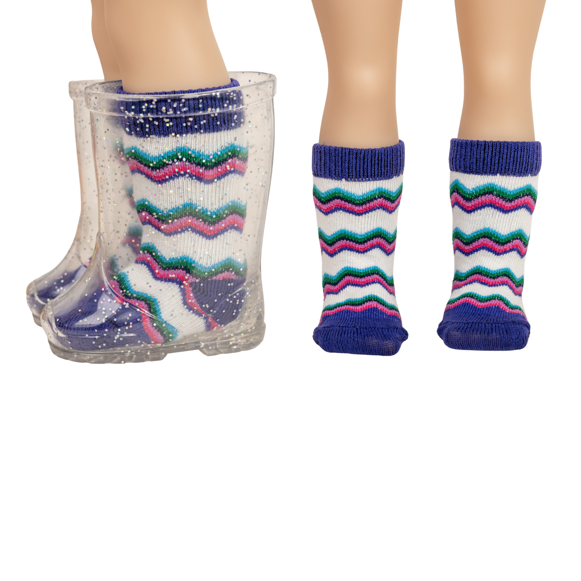 18-inch doll socks with colourful purple and green and pink stripes.