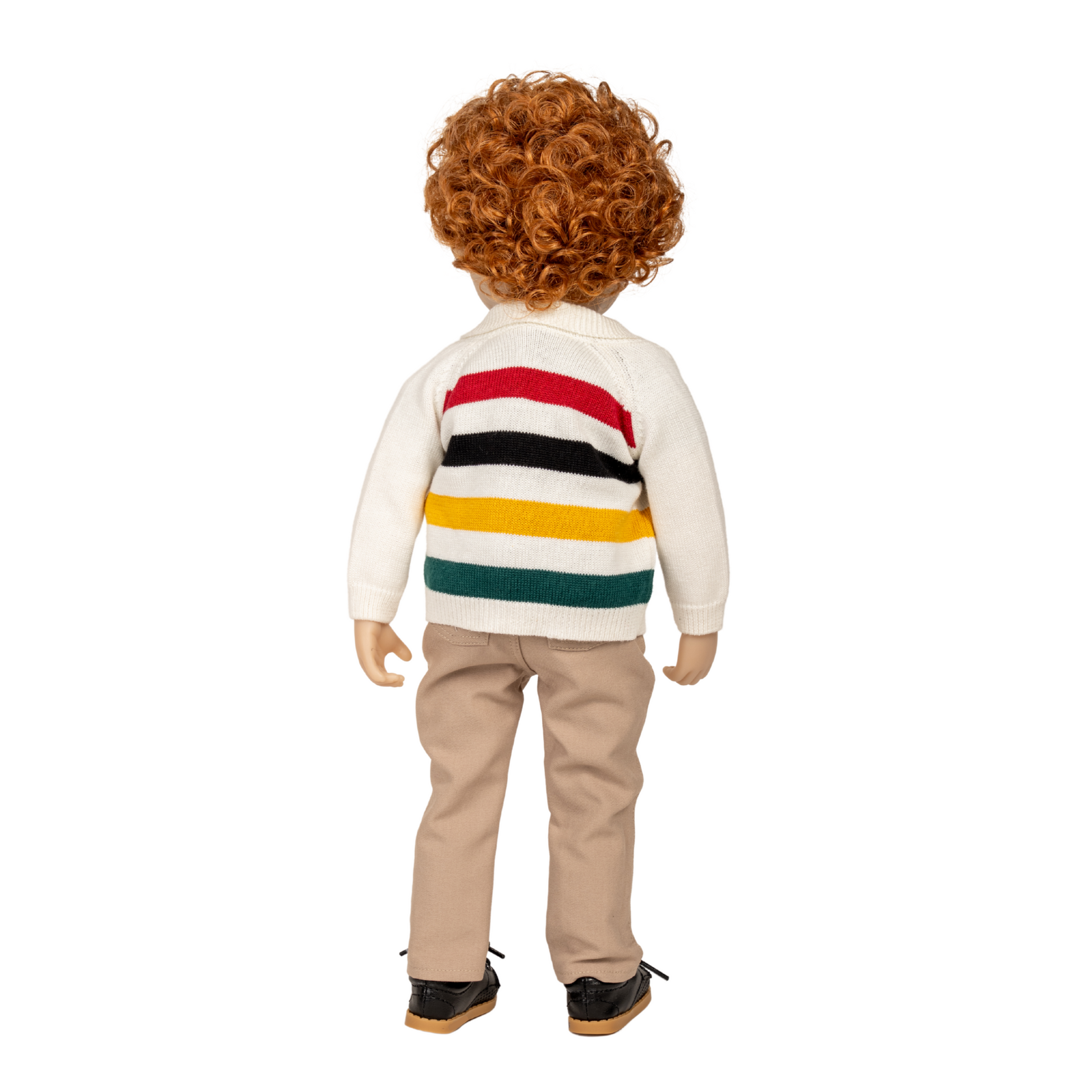 18-inch doll with curly hair wearing a colourful striped sweater and beige pants.