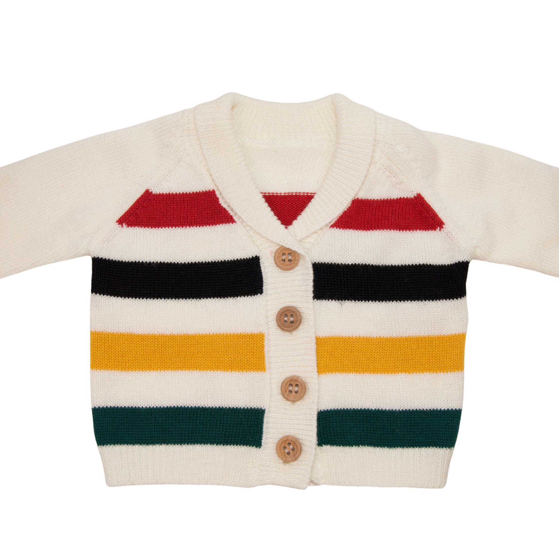 Knitted cardigan with colorful horizontal hudsons bay stripes.