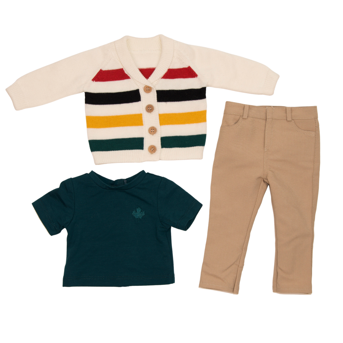 Two 18-inch dolls wearing matching outfits with a colorful striped cardigan and beige pants.