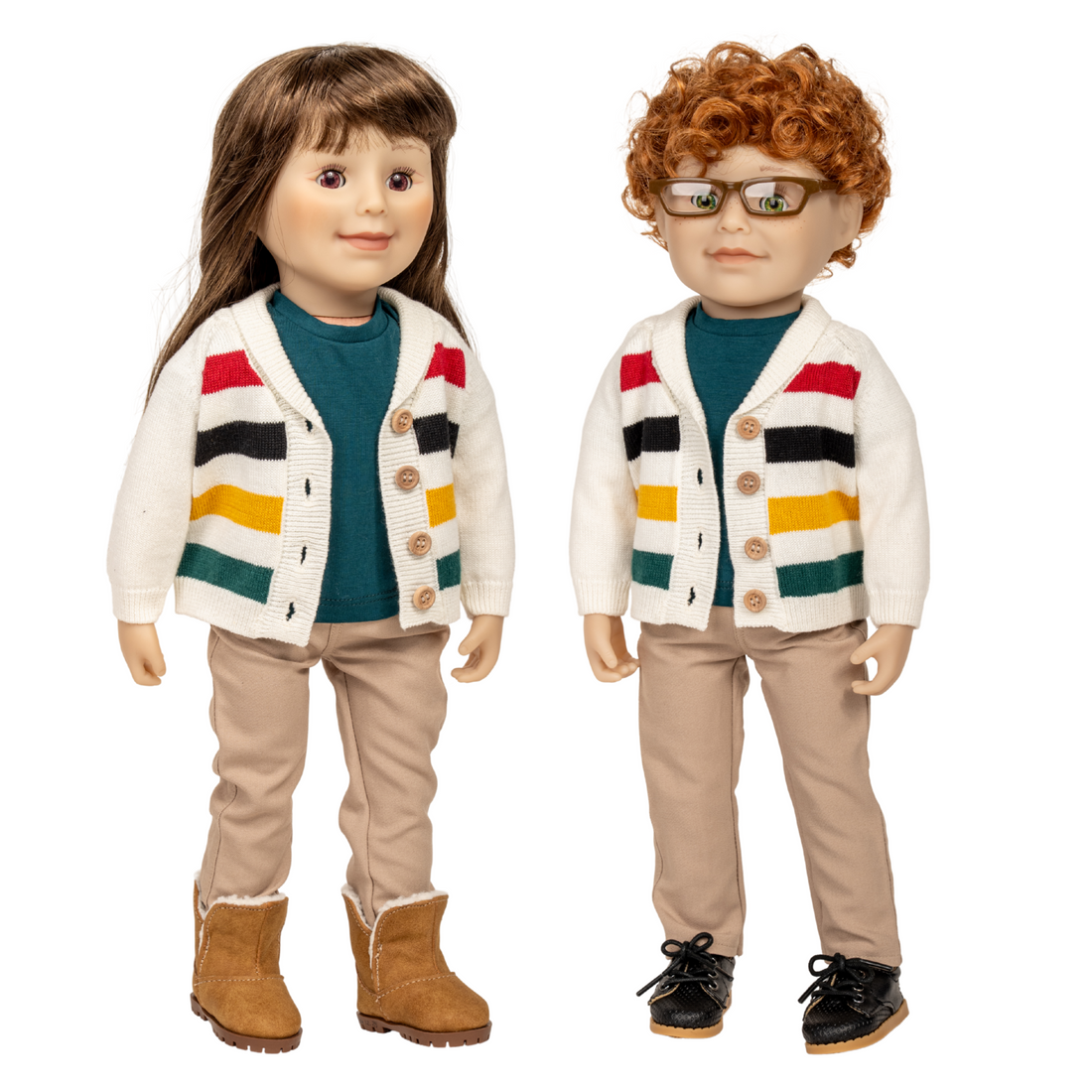 Two 18-inch dolls wearing matching outfits with a colorful striped cardigan and beige pants.