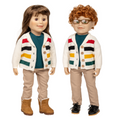 Two 18-inch dolls wearing matching outfits with a colorful striped cardigan and beige pants.