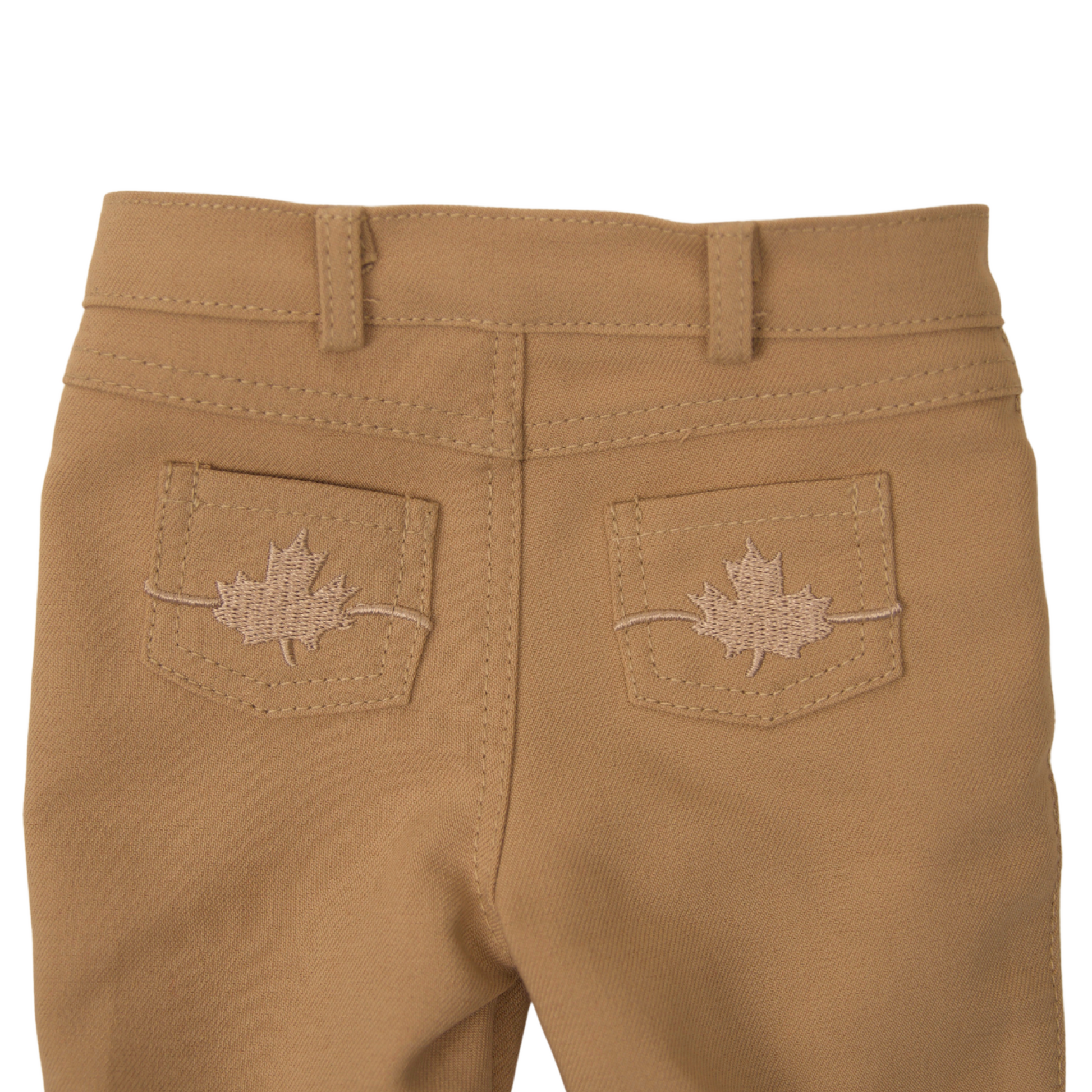 Brown pants with Maplelea leaf designs on the back pockets for 18inch dolls