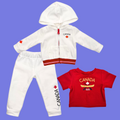 Red Canada t-shirt with white pants and red shoes for 18-inch dolls.