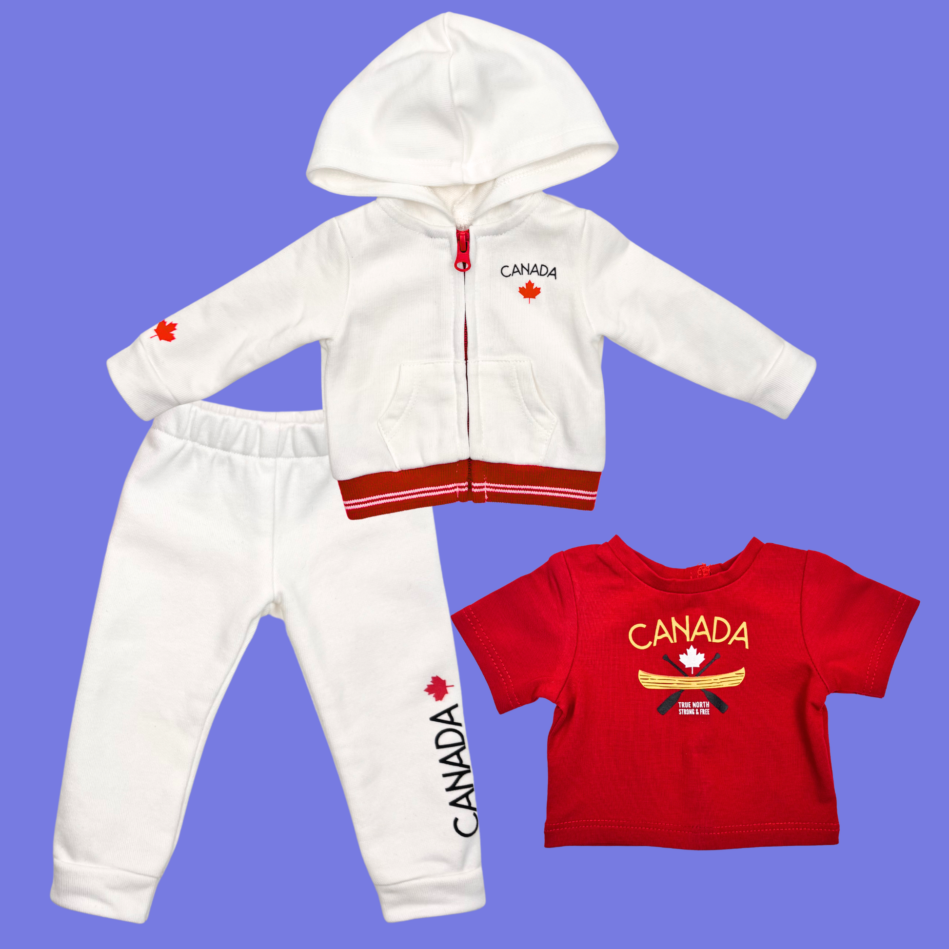 Red Canada t-shirt with white pants and red shoes for 18-inch dolls.