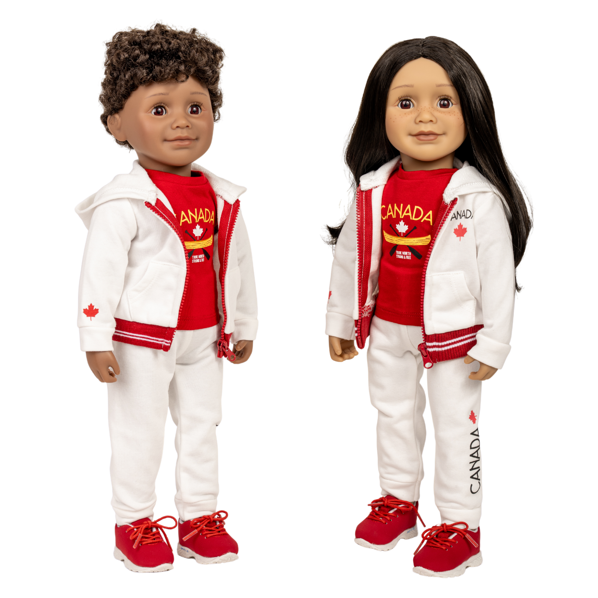 Two 18-inch dolls wearing a red 'Canada' t-shirt with white pants and red shoes.