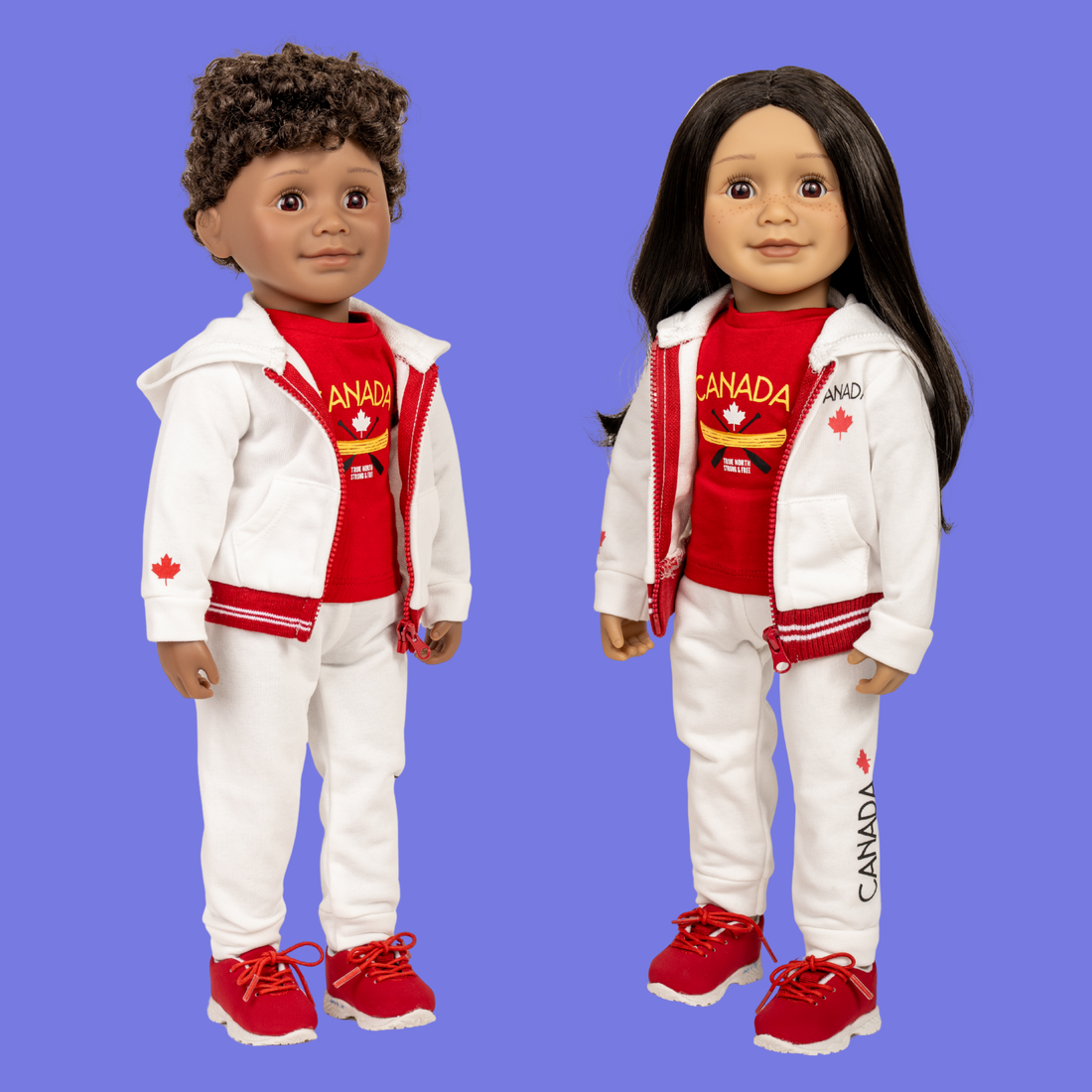 Two 18-inch dolls wearing a red 'Canada' t-shirt with white pants and red shoes.