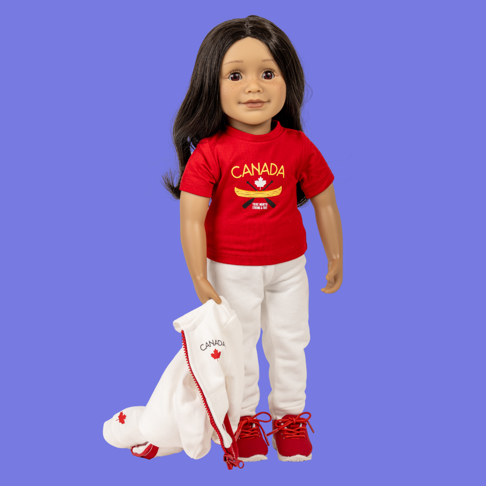18-inch doll wearing a red Canada t-shirt with white pants and red shoes.