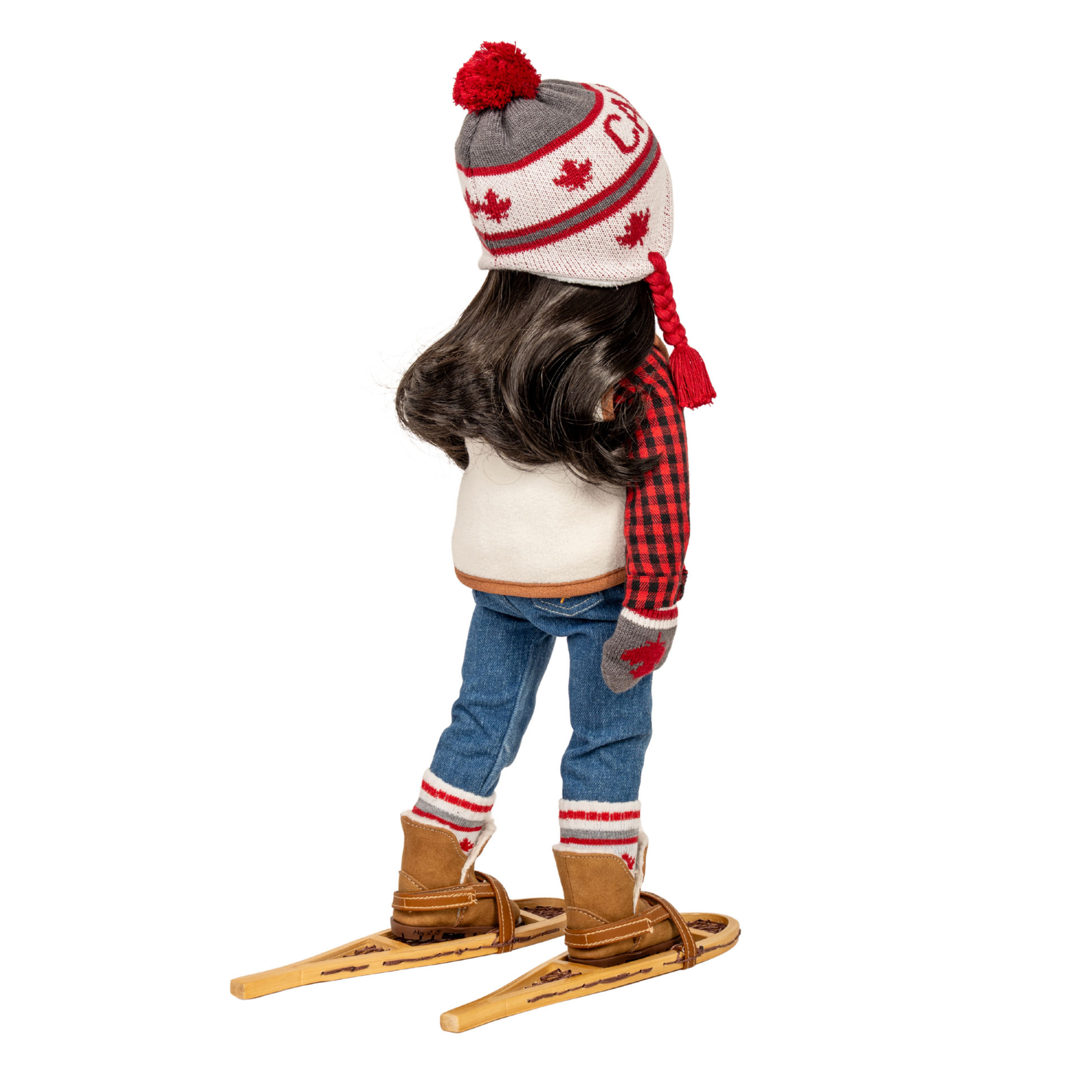 18-inch doll wearing a Canadian-themed outfit with a hat, jacket, and snowshoes.