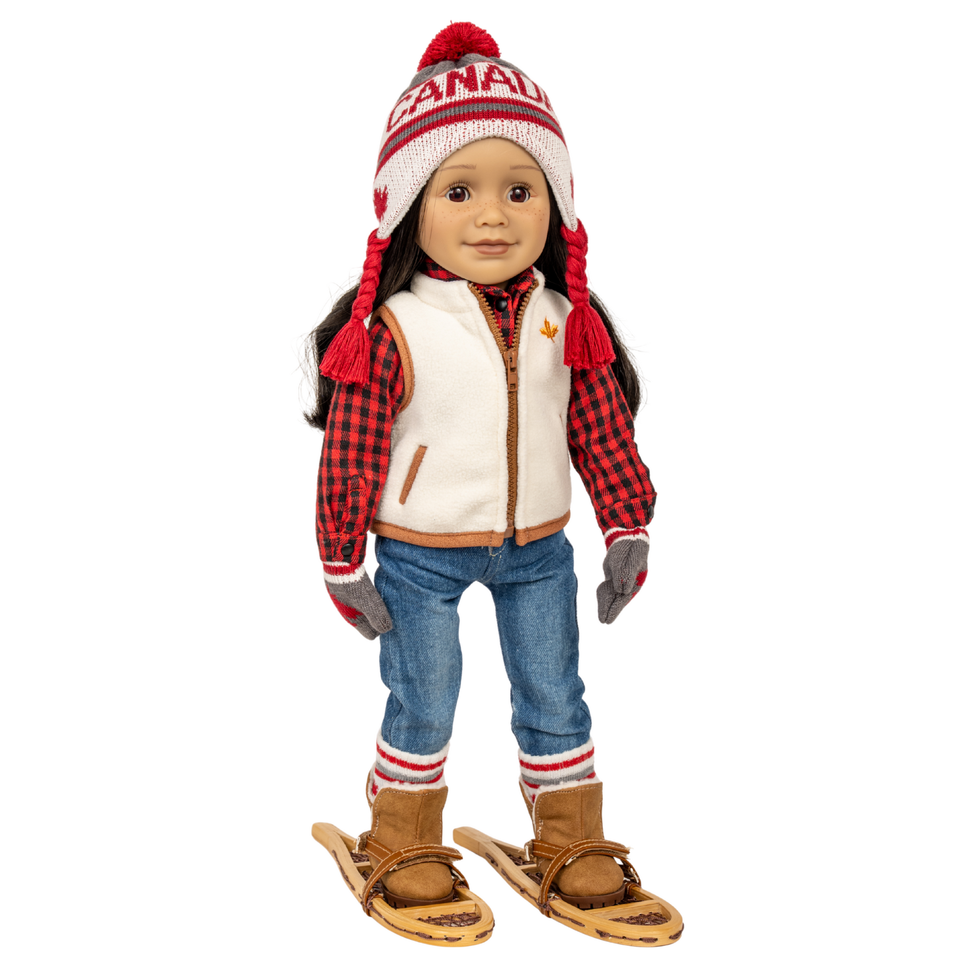 18-inch doll wearing a Canadian-themed outfit with a hat, jacket, and snowshoes.