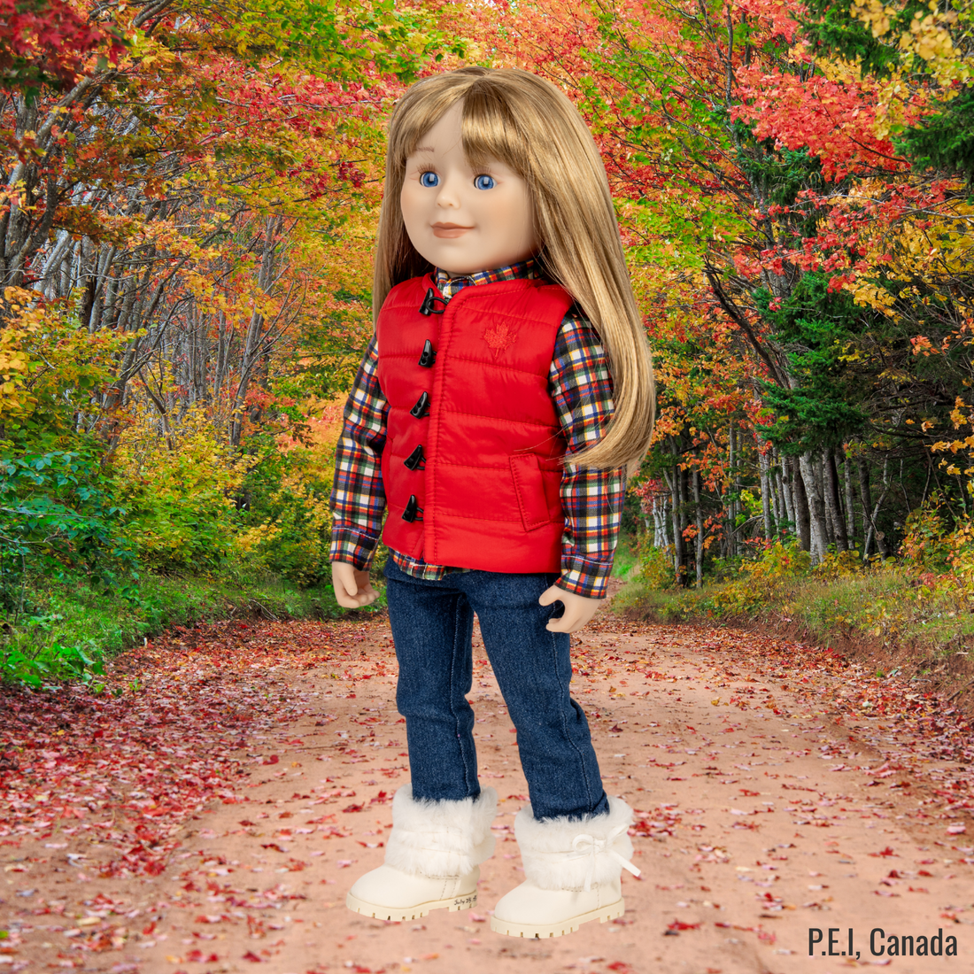 Two 18-inch dolls wearing red puffer vests, plaid shirts, blue jeans, and winter boots .