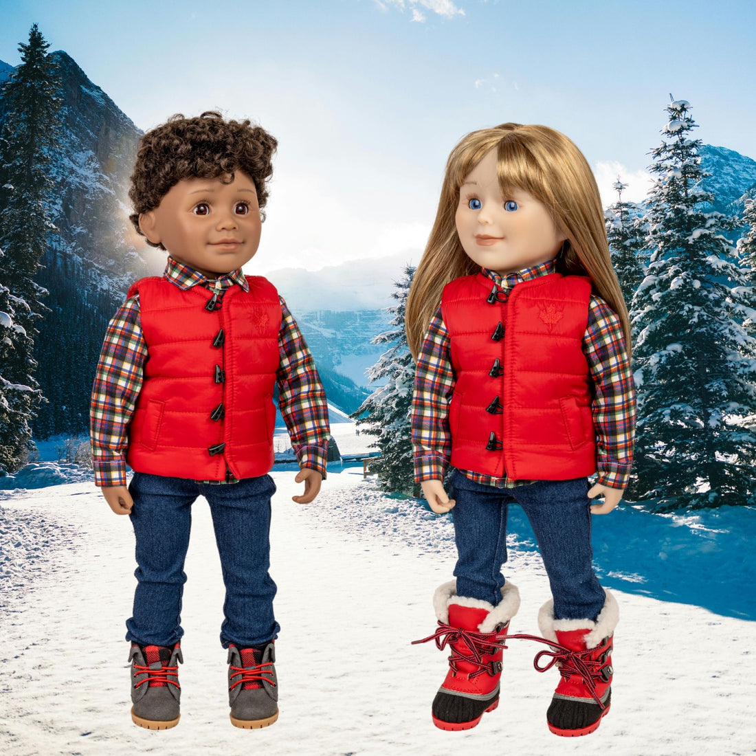 Two 18-inch dolls wearing red puffer vests, plaid shirts, blue jeans, and winter boots .