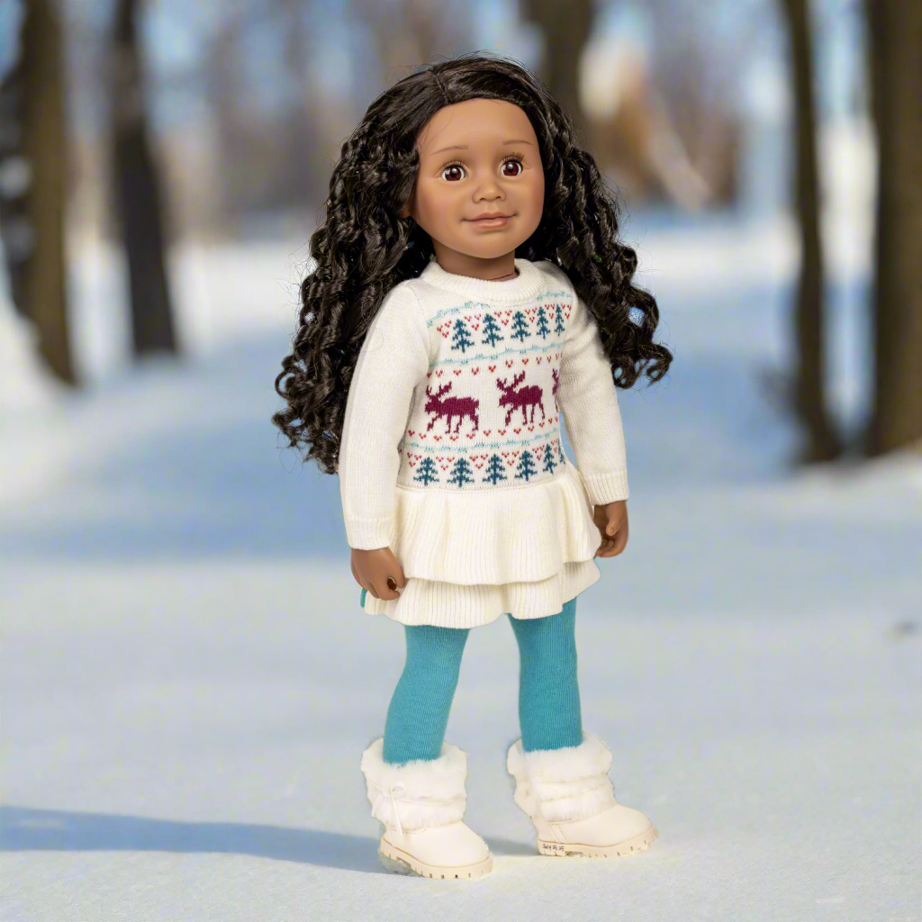18-inch doll wearing knitted moose pattern sweater dress and blue tights with silver shoes.