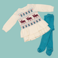 18-inch doll sweater dress with moose pattern and blue tights.