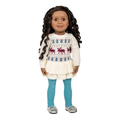 18-inch doll wearing knitted moose pattern sweater dress and blue tights with silver shoes.
